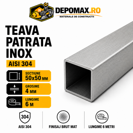 Teava patrata inox AISI 304, 50 x 50 x 4 mm, 6 metri